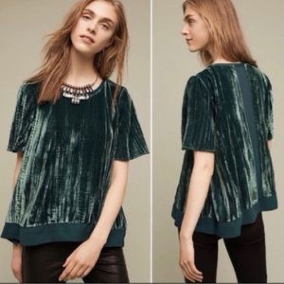 Anthropologie Maeve Green Gem Velvet Oversized Short Sleeve Blouse Top Size S - Picture 2 of 14